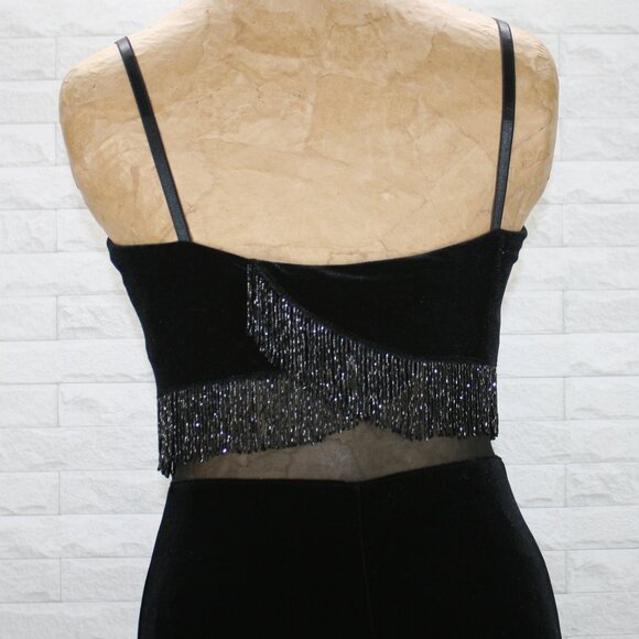 PATRA Dress Velvet Beaded Fringe Mesh Insert Cocktail Party Formal Prom Black 4P - Picture 6 of 14